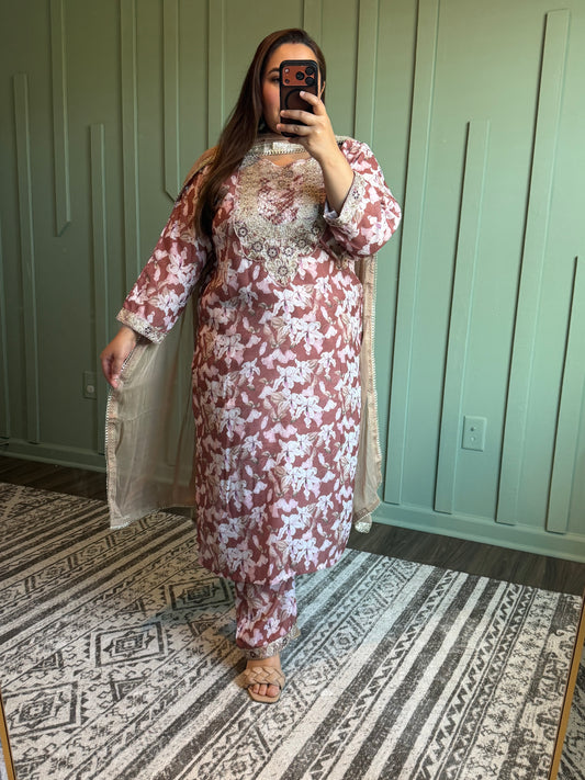 Floral Linen Zari Embroidered Three Piece