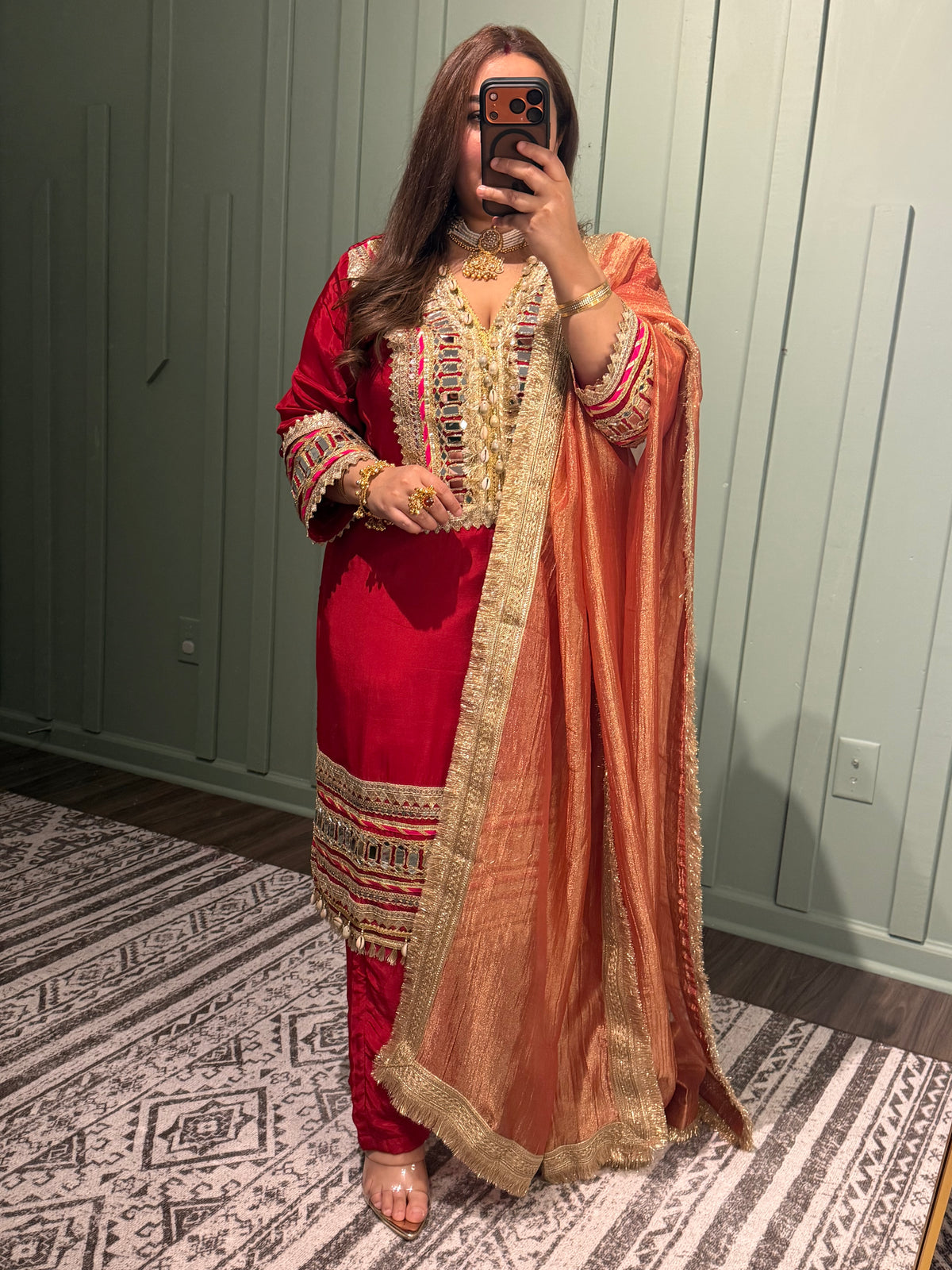 Red Mirror Designer Inspired Pure Natural Crepe Three Piece
