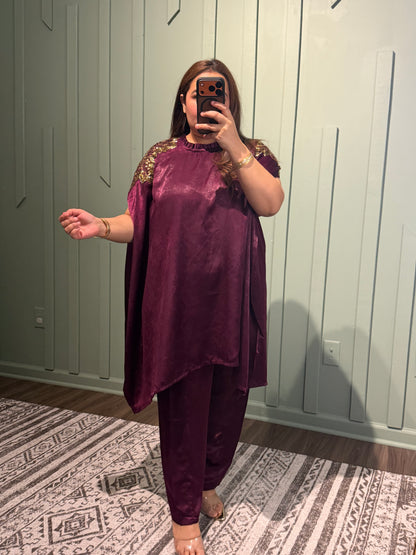 Indo-Western Shadow Silk Hand Embroidered Kaftan Co ord