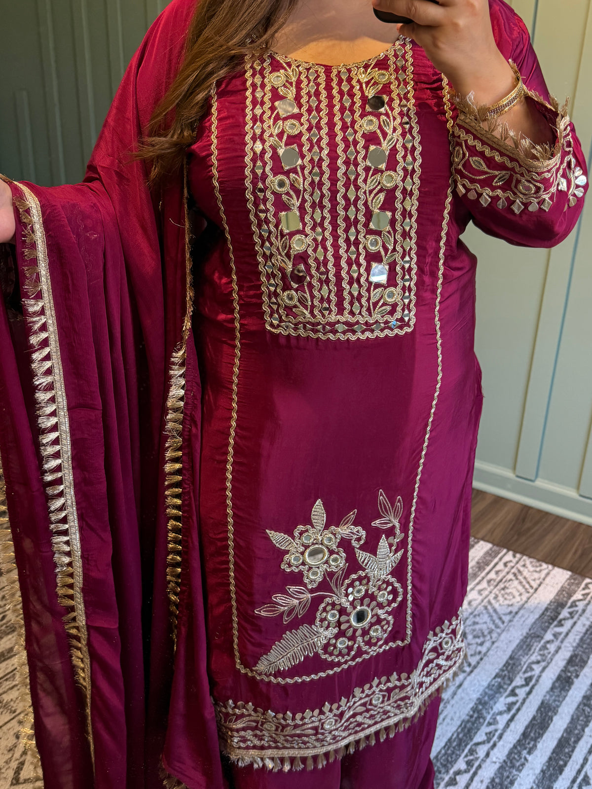 Mirror Hand Embroidered Crepe Three Piece