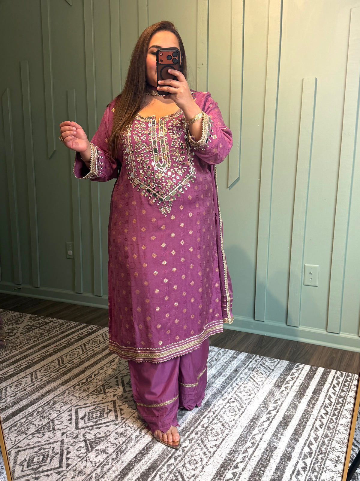 Banarsi Zari Mirror Hand Embroidered Plazo Three Piece