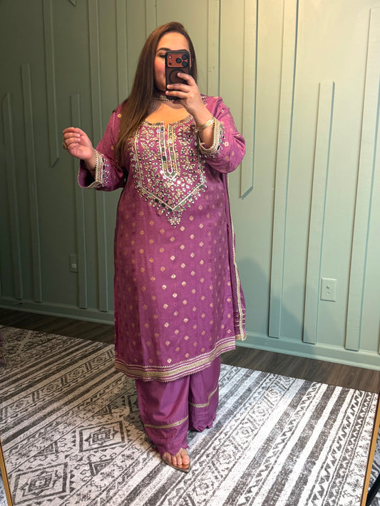 Banarsi Zari Mirror Hand Embroidered Plazo Three Piece