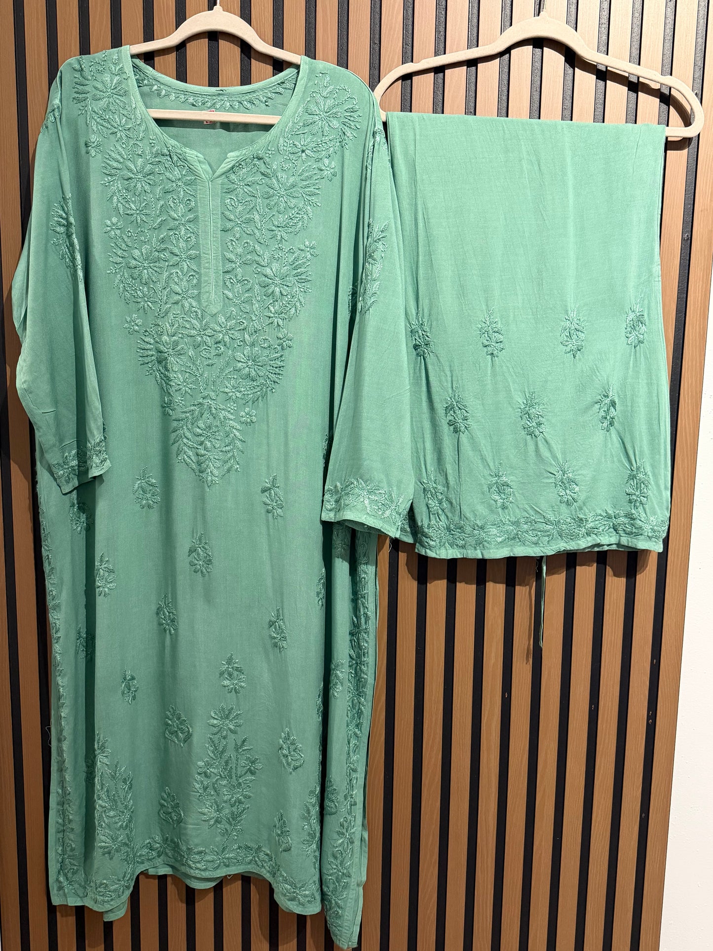 GREEN RAYON CHIKANKARI WITH PLAZO