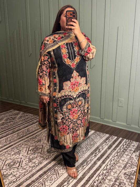 Pure Crepe Handwork Three Piece