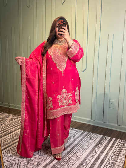 Fuchsia Shimmer Dori Hand Embroidered Three Piece