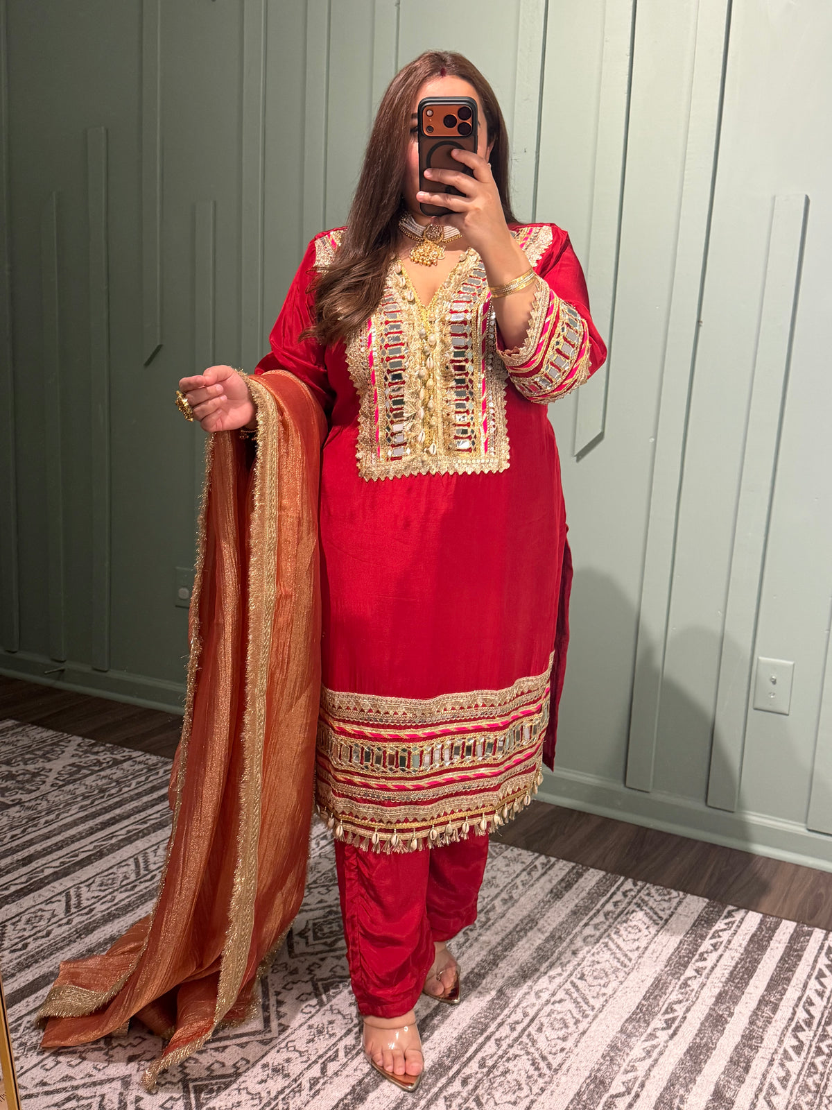 Red Mirror Designer Inspired Pure Natural Crepe Three Piece