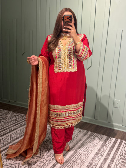 Red Mirror Designer Inspired Pure Natural Crepe Three Piece