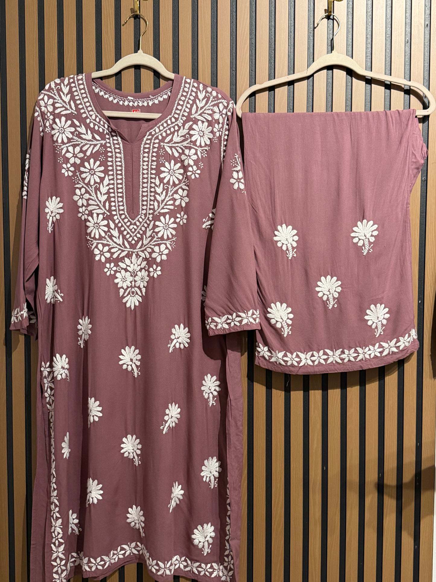 MAUVE RAYON CHIKANKARI PLAZO PLUS SIZE