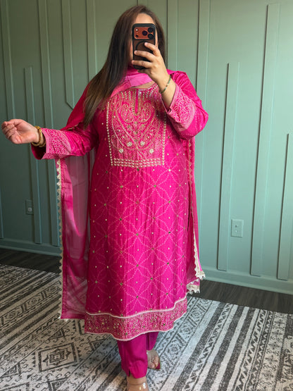 Silk Bandhni Hand Embroidered Three Piece