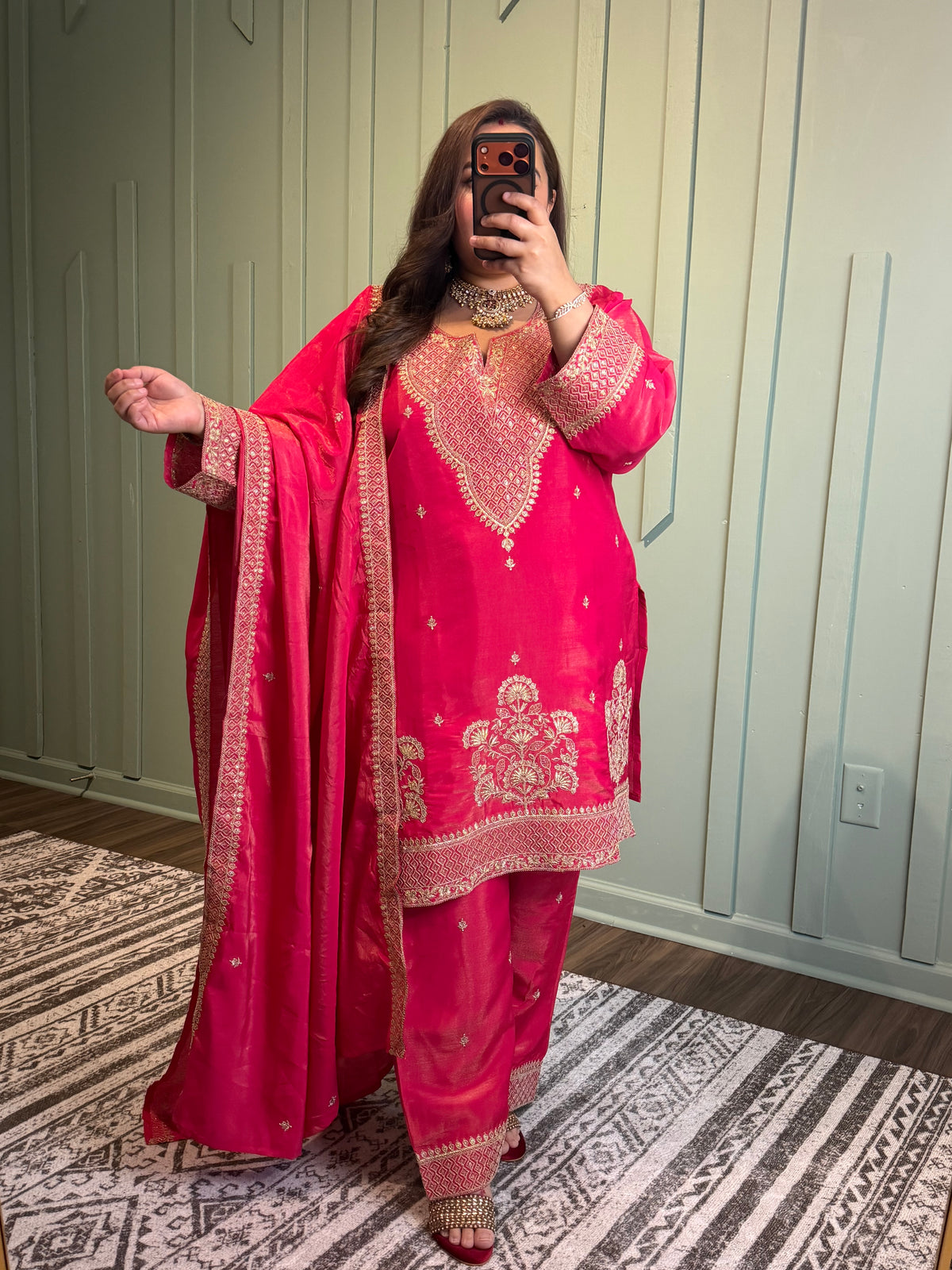 Fuchsia Shimmer Dori Hand Embroidered Three Piece