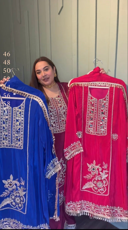 Mirror Hand Embroidered Crepe Three Piece