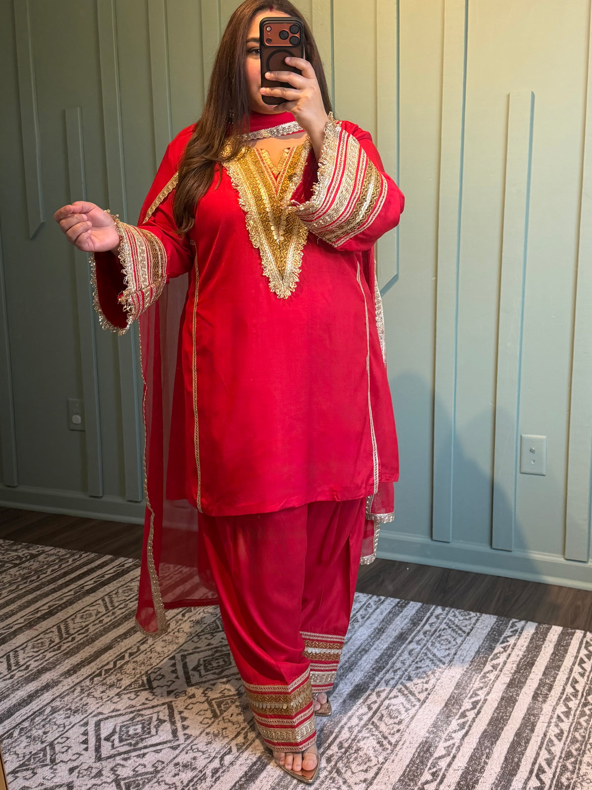 Red Designer Viscous Gotta Hand Work Farshi