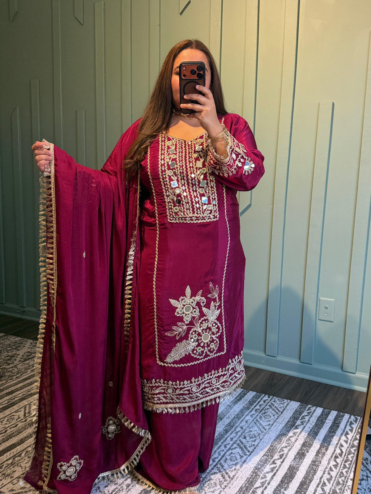 Mirror Hand Embroidered Crepe Three Piece