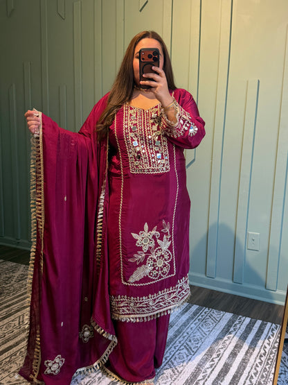 Mirror Hand Embroidered Crepe Three Piece
