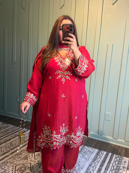 Red Shimmer Silk Mirror Hand Embroidered Three Piece