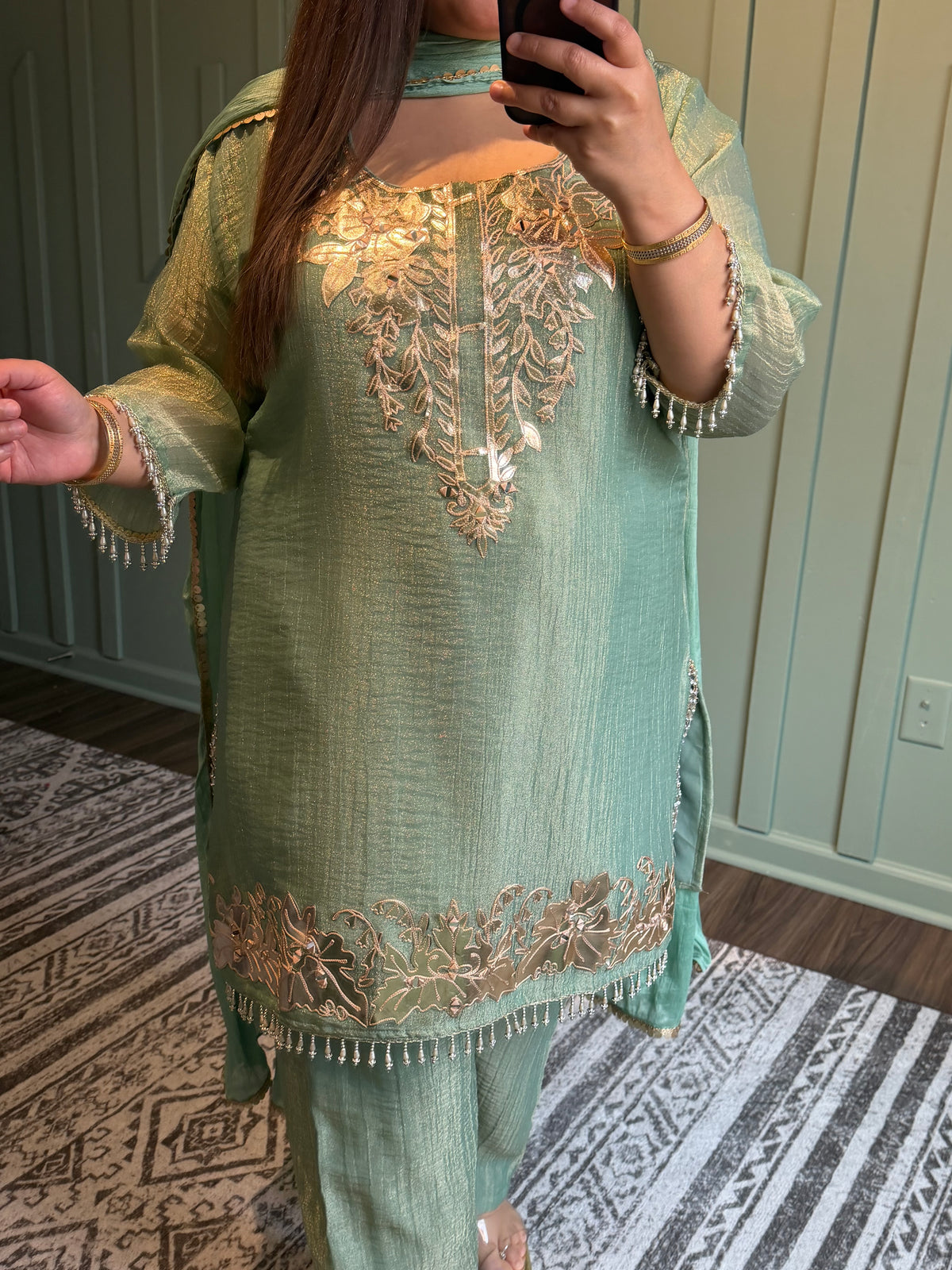 Shimmer Crush Leather Hand Embroidered Three Piece