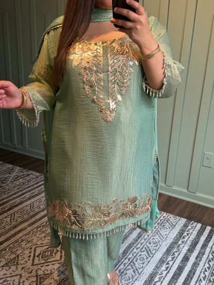 Shimmer Crush Leather Hand Embroidered Three Piece