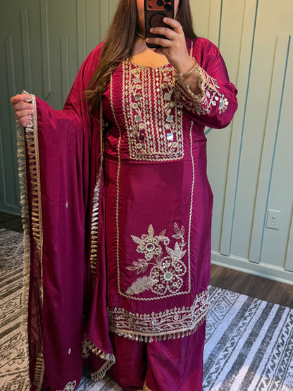 Mirror Hand Embroidered Crepe Three Piece