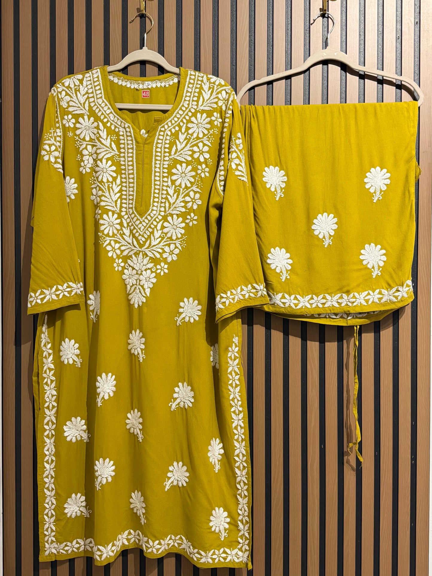MUSTARD RAYON CHIKANKARI PLAZO PLUS SIZE