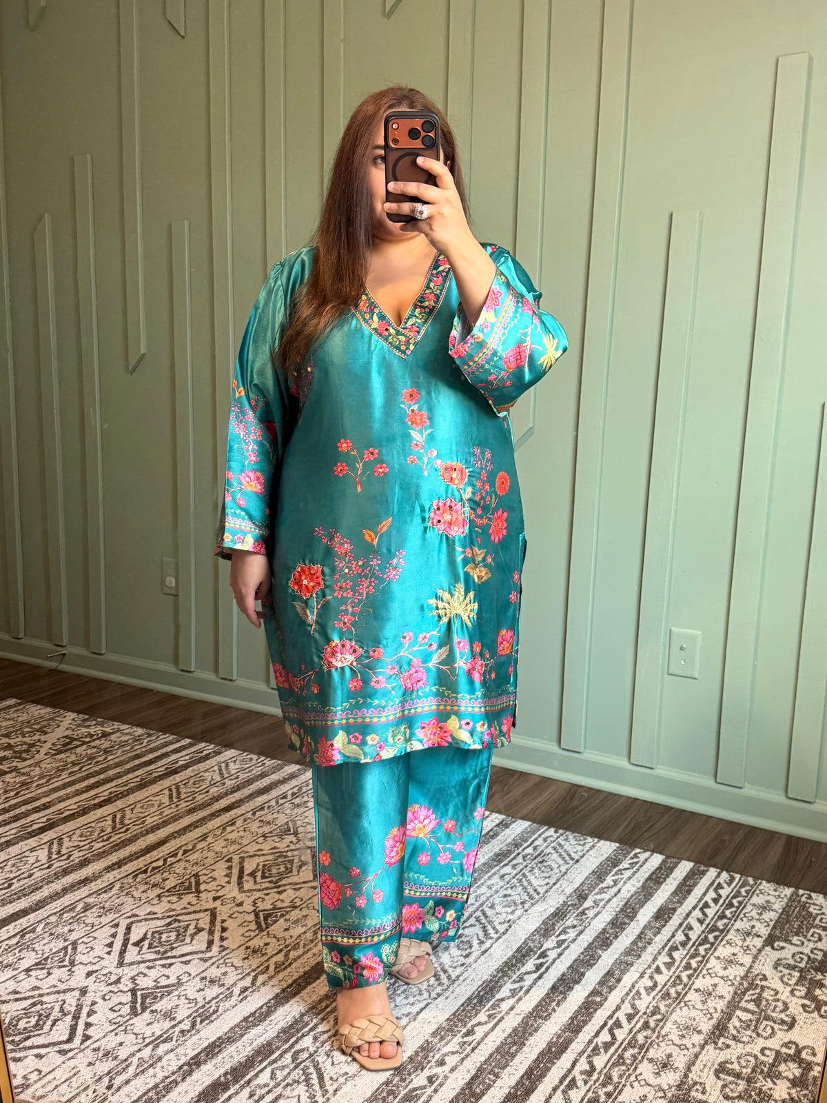 Teal Floral Silk Co ord