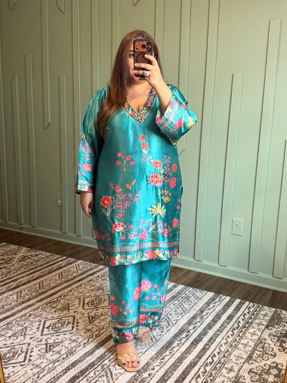 Teal Floral Silk Co ord