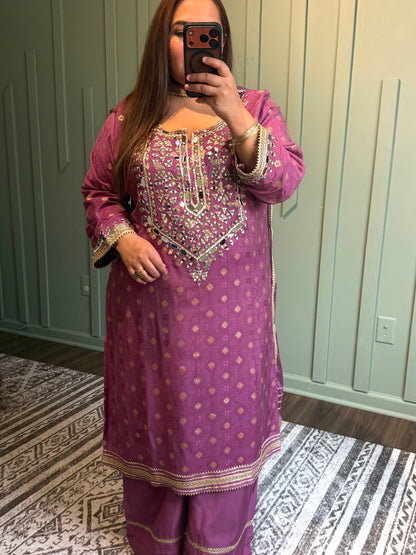 Banarsi Zari Mirror Hand Embroidered Plazo Three Piece