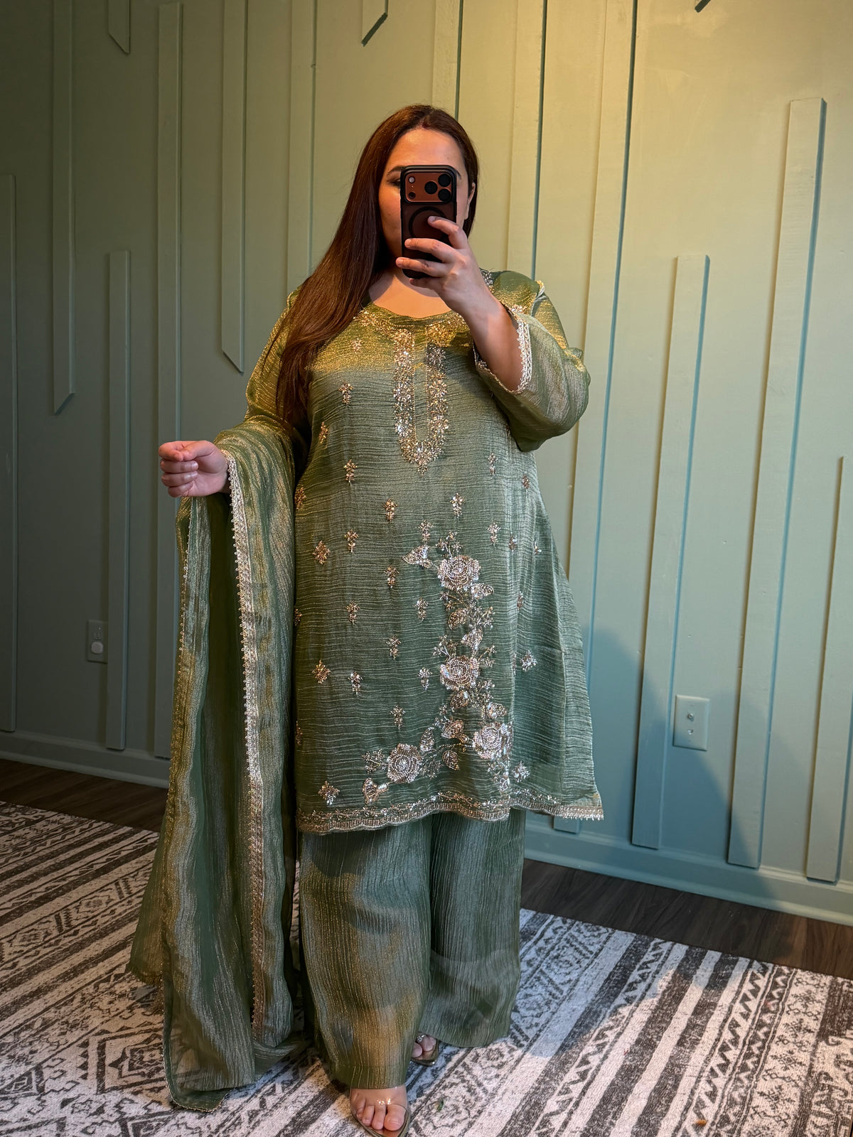 Crush Shimmer Hand Embroidered Silk Three Piece