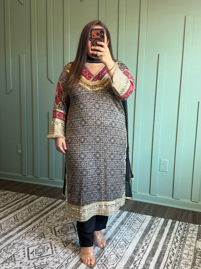 Black Ajarak Viscose Three Piece