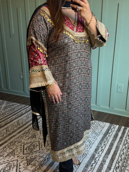 Black Ajarak Viscose Three Piece