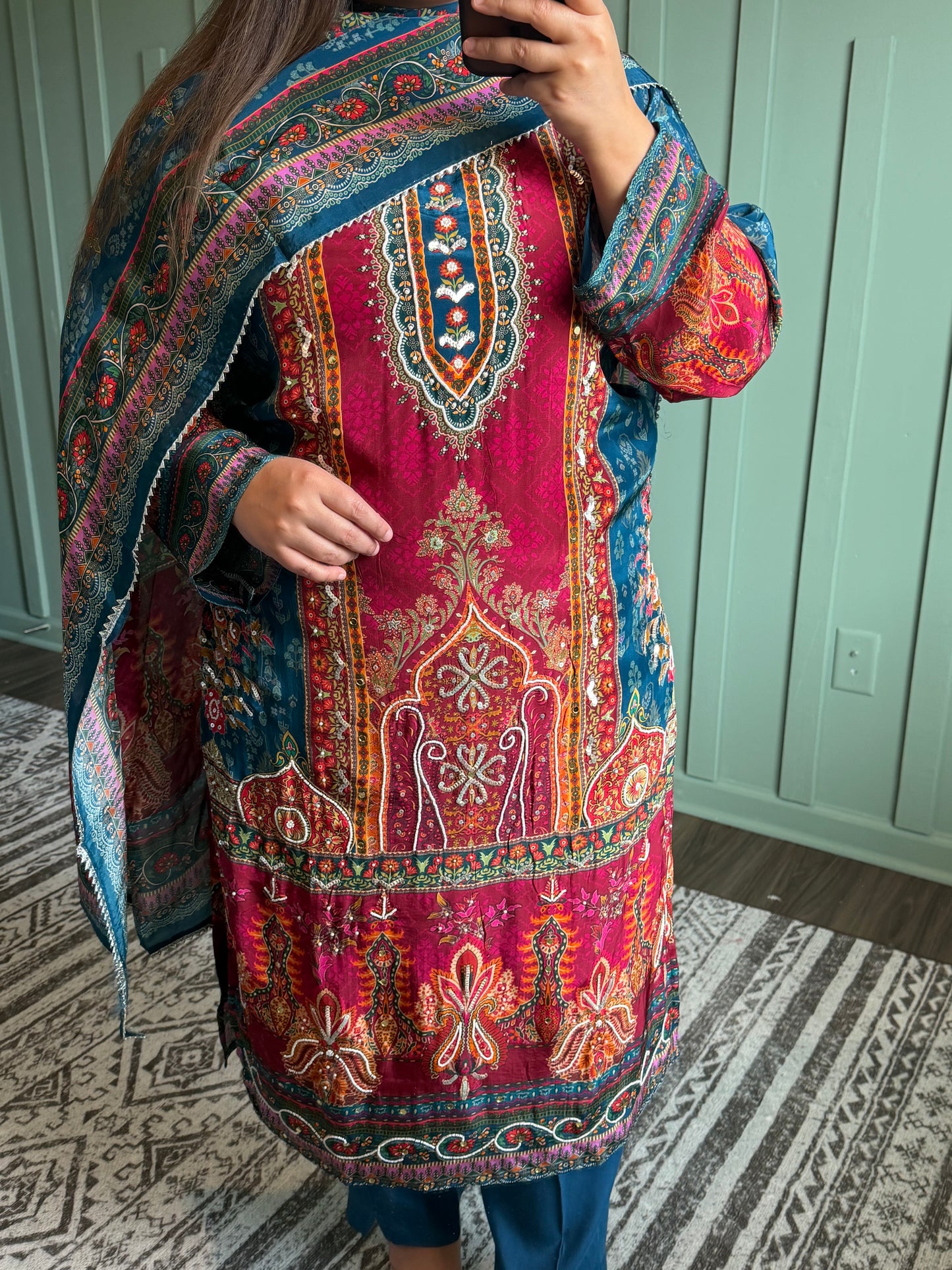 Digital Print Natural Crepe Three Piece