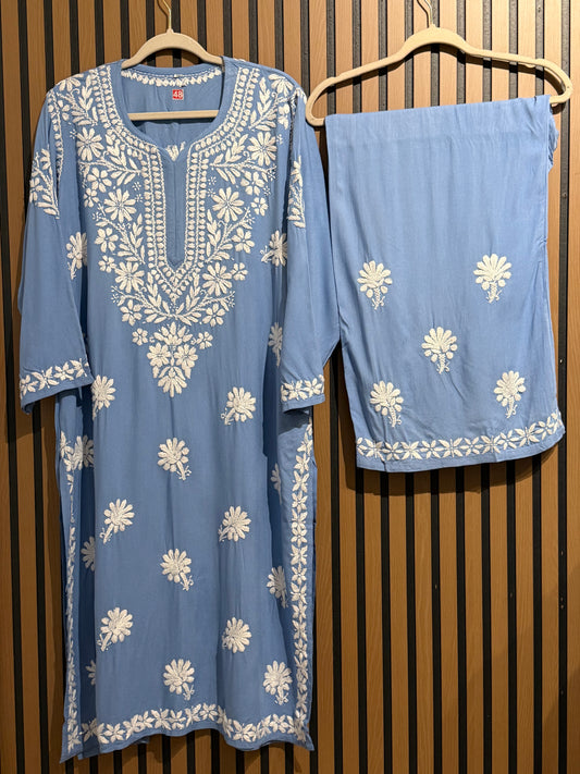 BLUE RAYON CHIKANKARI PLAZO PLUS SIZE