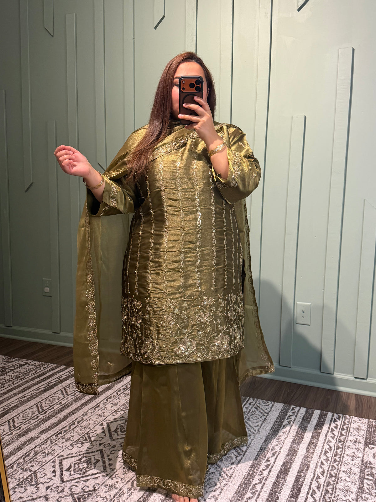 Olive Green Shimmer Sharara Three Piece