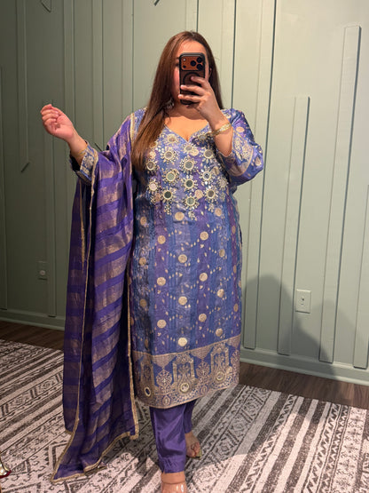 Banarsi Shimmer Mirror Hand Embroidered Three Piece