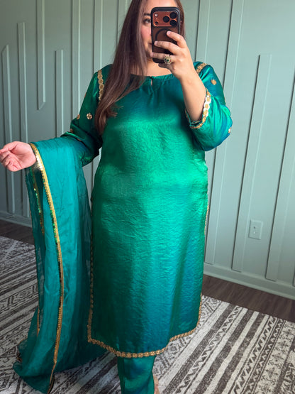 Sheesa Silk Peacock Green Designer Three Piece
