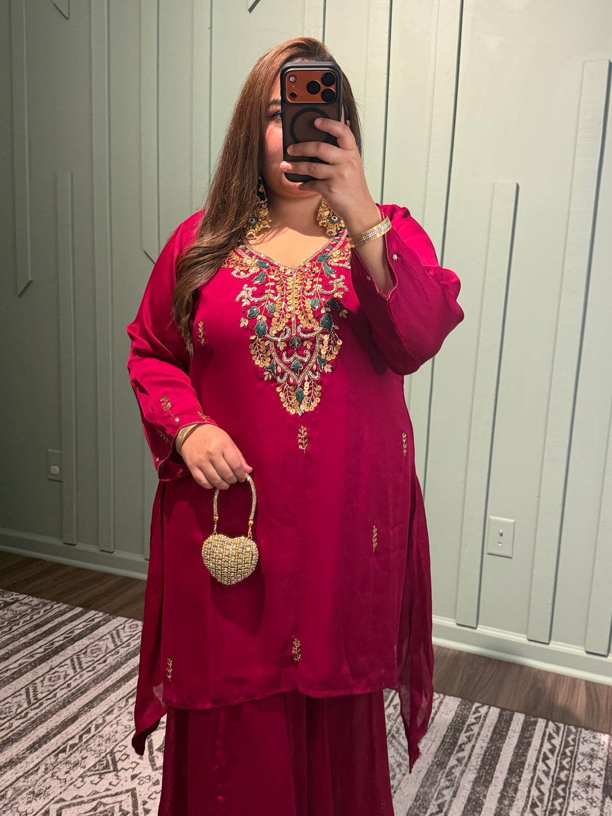 Chiffon Cherry Red Hand Embroidered Co ord