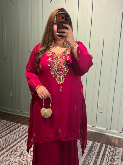 Chiffon Cherry Red Hand Embroidered Co ord