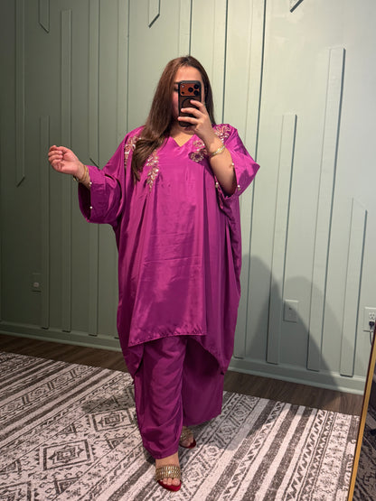 Magenta Pure Crepe Hand Embroidered Choga Set