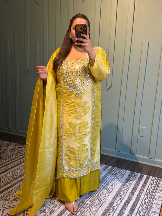 Brocade Mirror Hand Embroidered Sharara Three Piece