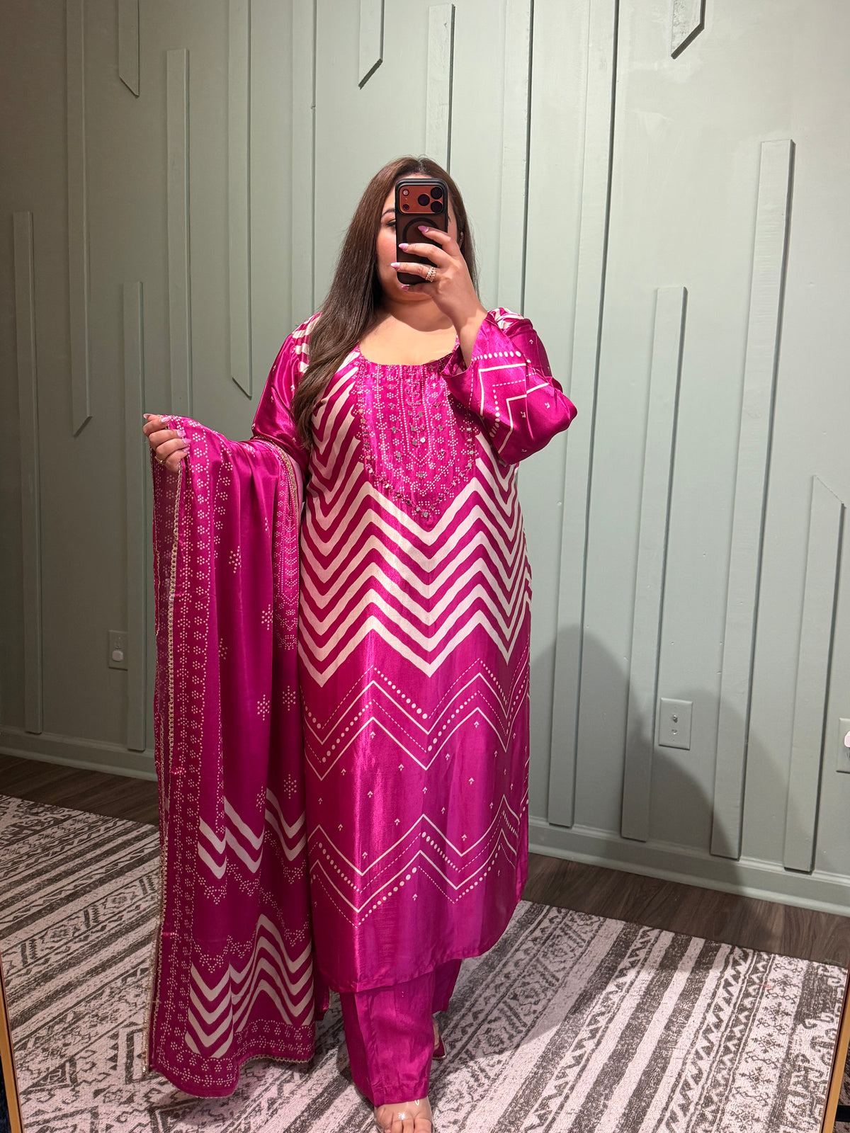Pure Gajji Silk Fuscia MirrocHand Work Pink Three Piece