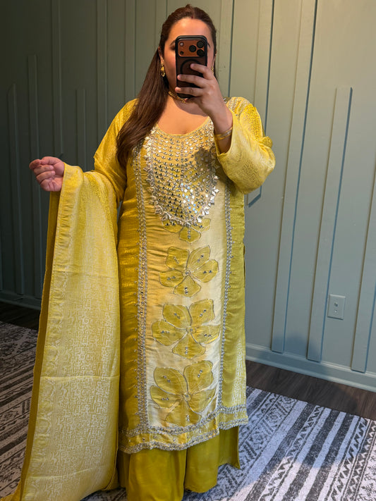 Brocade Mirror Hand Embroidered Sharara Three Piece