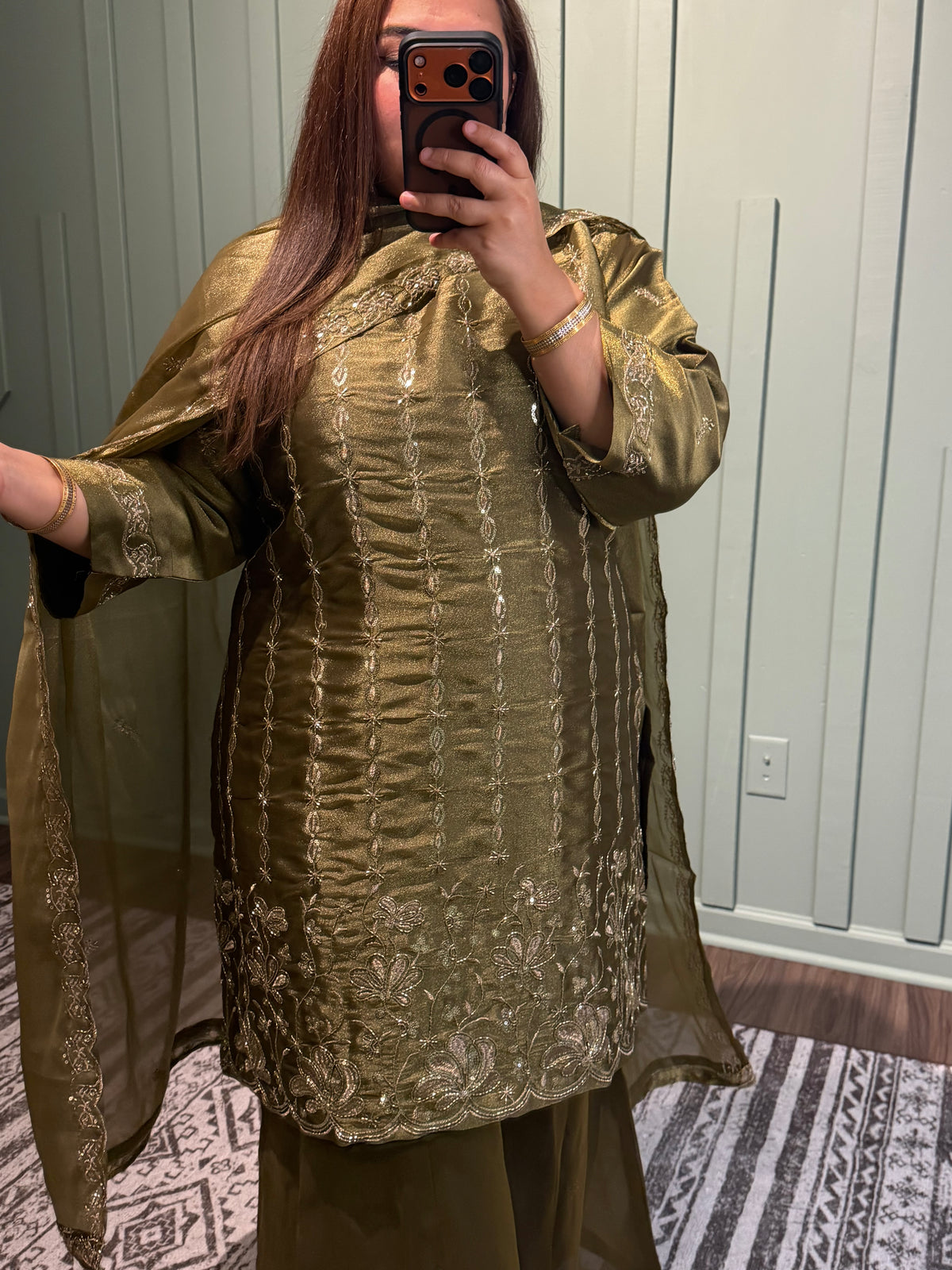 Olive Green Shimmer Sharara Three Piece