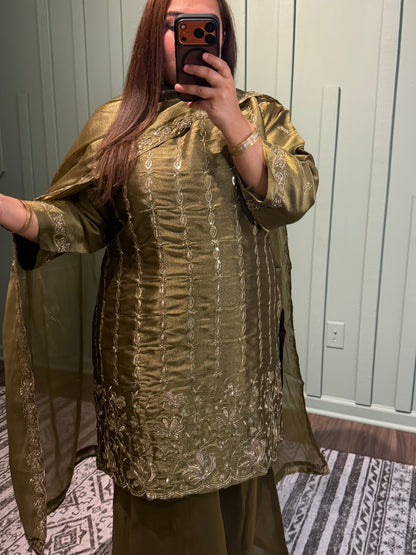 Olive Green Shimmer Sharara Three Piece