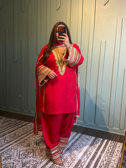 Red Designer Viscous Gotta Hand Work Farshi