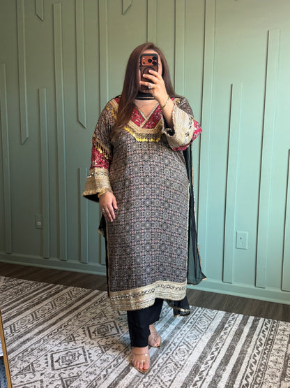 Black Ajarak Viscose Three Piece