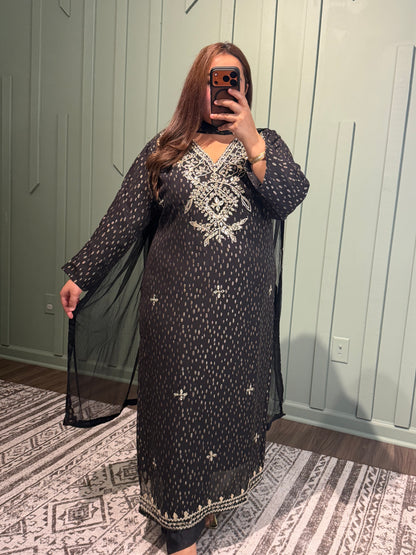 Banarsi Georgette Mirror Hand Embroidered Three Piece
