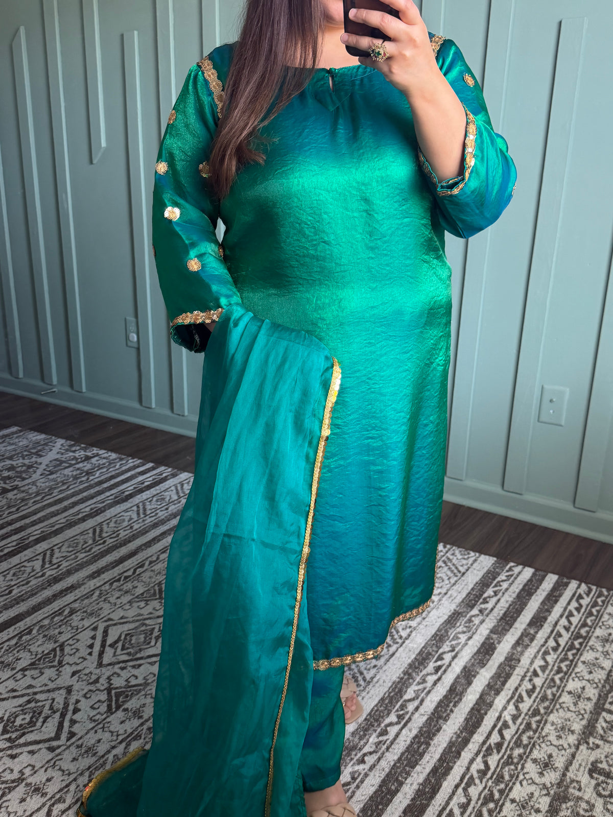 Sheesa Silk Peacock Green Designer Three Piece