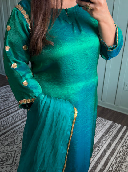 Sheesa Silk Peacock Green Designer Three Piece