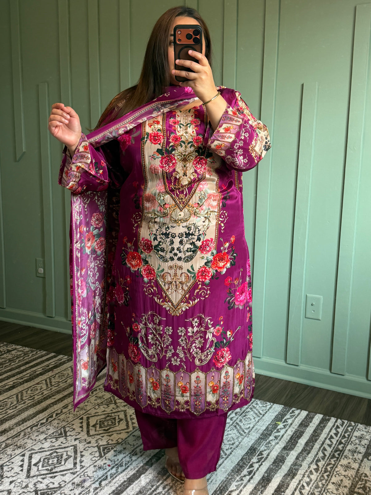 Pure Crepe Magenta Handwork Three Piece