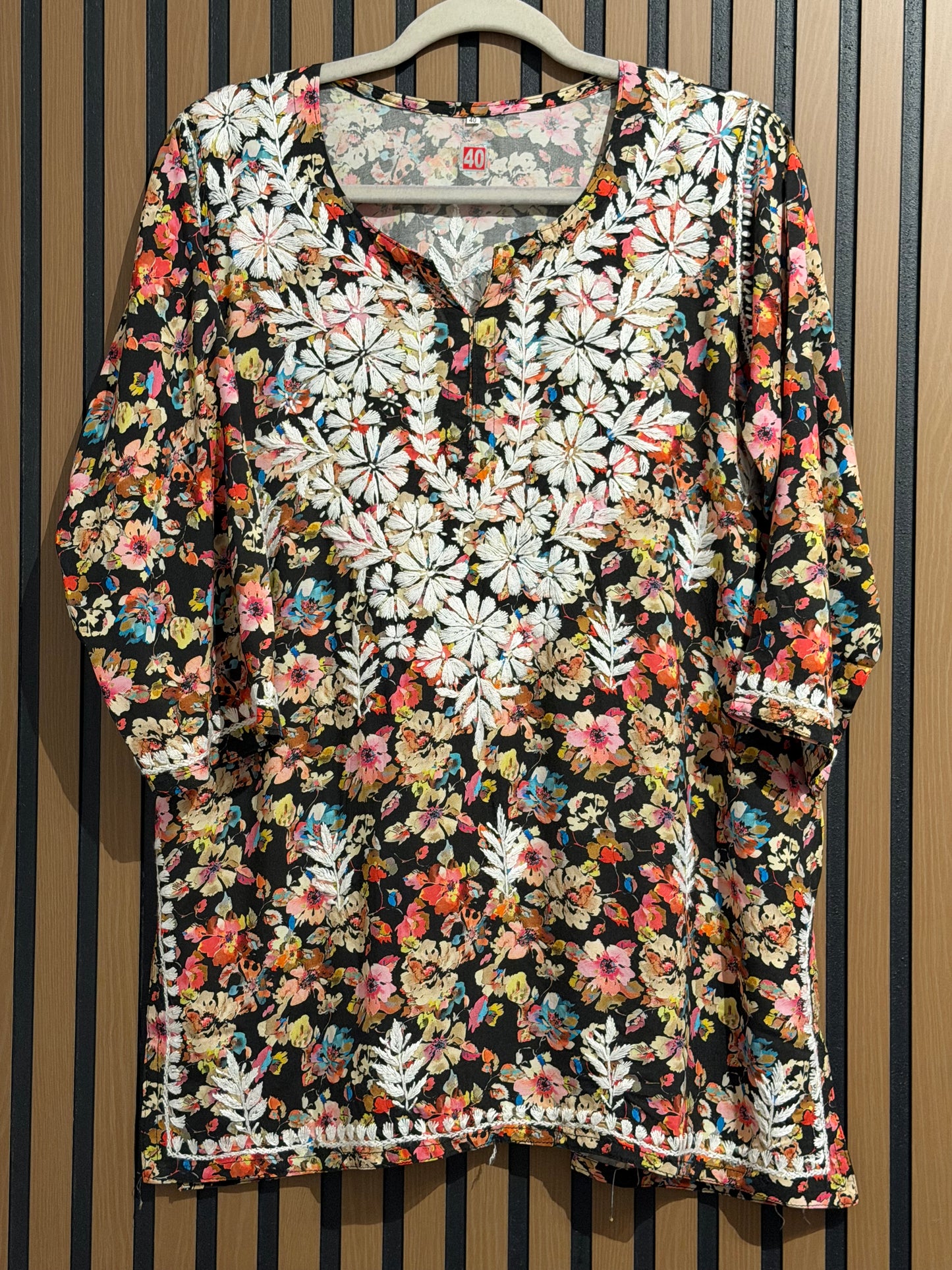 PRINT RAYON CHIKANKARI SHORT KURTI