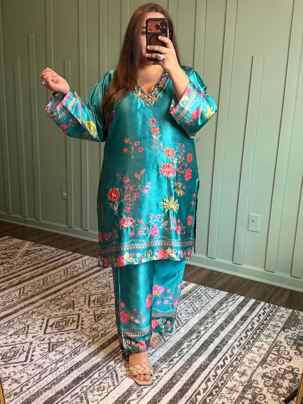 Teal Floral Silk Co ord
